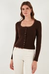 Premium Slim Fit Dantel Detaylı Yaka Örme Kadın Hırka 680HI00061 KAHVE