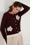 Premium Tül Çiçek Detaylı Regular Fit Bisiklet Yaka Düğmeli Triko Kadın Hırka 680HI002421 BORDO