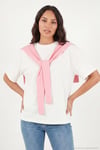 Rahat Kalıp Bisiklet Yaka Omuz Şal Detaylı Kadın T Shirt 5867044 EKRU-PEMBE