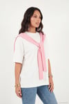 Rahat Kalıp Bisiklet Yaka Omuz Şal Detaylı Kadın T Shirt 5867044 EKRU-PEMBE