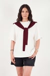 Rahat Kalıp Bisiklet Yaka Omuz Şal Detaylı Kadın T Shirt 5867044 Ekru-Bordo