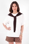 Rahat Kalıp Bisiklet Yaka Omuz Şal Detaylı Kadın T Shirt 5867044 EKRU-KAHVE