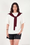 Rahat Kalıp Bisiklet Yaka Omuz Şal Detaylı Kadın T Shirt 5867044 Ekru-Bordo
