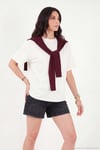 Rahat Kalıp Bisiklet Yaka Omuz Şal Detaylı Kadın T Shirt 5867044 Ekru-Bordo