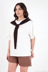 Rahat Kalıp Bisiklet Yaka Omuz Şal Detaylı Kadın T Shirt 5867044 EKRU-KAHVE