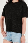 Rahat Kalıp Bisiklet Yaka Taş Detaylı Kadın T Shirt 5866943 SİYAH
