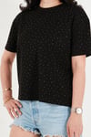 Rahat Kalıp Bisiklet Yaka Taş Detaylı Kadın T Shirt 5866943 SİYAH