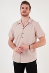 Regular Fit Apaş Yaka Kısa Kollu Erkek Gömlek CF24S117927 BEJ