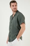 Regular Fit Apaş Yaka Kısa Kollu Modal Erkek Gömlek CF24S117929 HAKİ