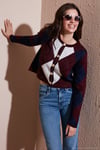 Regular Fit Bisiklet Yaka Baklava Desenli Düğmeli Crop Kadın Hırka 4615570 BORDO
