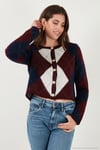 Regular Fit Bisiklet Yaka Baklava Desenli Düğmeli Crop Kadın Hırka 4615570 BORDO