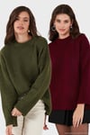 Regular Fit Bisiklet Yaka Basic 2'li Paket Triko Kadın Kazak 4616213S2 BORDO-HAKİ