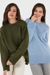 Regular Fit Bisiklet Yaka Basic 2'li Paket Triko Kadın Kazak 4616213S2 Bebe Mavi-Haki