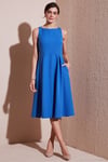 Regular Fit Bisiklet Yaka Cepli Pileli Midi Boy Abiye ve Mezuniyet Kadın Elbise 6111963 İNDİGO