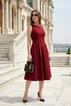 Regular Fit Bisiklet Yaka Cepli Pileli Midi Boy Abiye ve Mezuniyet Kadın Elbise 6111963 BORDO
