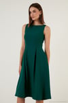 Regular Fit Bisiklet Yaka Cepli Pileli Midi Boy Abiye ve Mezuniyet Kadın Elbise 6111963 ZÜMRÜT YEŞİLİ