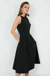Regular Fit Bisiklet Yaka Cepli Pileli Midi Boy Abiye ve Mezuniyet Kadın Elbise 6111963 SİYAH