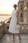 Regular Fit Bisiklet Yaka Cepli Pileli Midi Boy Abiye ve Mezuniyet Kadın Elbise 6111963 EKRU