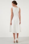 Regular Fit Bisiklet Yaka Cepli Pileli Midi Boy Abiye ve Mezuniyet Kadın Elbise 6111963 EKRU