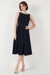 Regular Fit Bisiklet Yaka Cepli Pileli Midi Boy Abiye ve Mezuniyet Kadın Elbise 6111963 LACİVERT