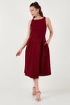 Regular Fit Bisiklet Yaka Cepli Pileli Midi Boy Abiye ve Mezuniyet Kadın Elbise 6111963 BORDO