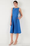 Regular Fit Bisiklet Yaka Cepli Pileli Midi Boy Abiye ve Mezuniyet Kadın Elbise 6111963 İNDİGO