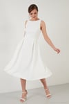 Regular Fit Bisiklet Yaka Cepli Pileli Midi Boy Abiye ve Mezuniyet Kadın Elbise 6111963 EKRU