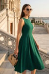 Regular Fit Bisiklet Yaka Cepli Pileli Midi Boy Abiye ve Mezuniyet Kadın Elbise 6111963 ZÜMRÜT YEŞİLİ