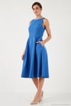 Regular Fit Bisiklet Yaka Cepli Pileli Midi Boy Abiye ve Mezuniyet Kadın Elbise 6111963 İNDİGO