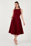 Regular Fit Bisiklet Yaka Cepli Pileli Midi Boy Abiye ve Mezuniyet Kadın Elbise 6111963 BORDO