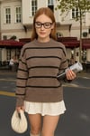 Regular Fit Bisiklet Yaka Çizgili Kadın Kazak 25K0093K1 VİZON