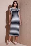 Regular Fit Bisiklet Yaka Çizgili Midi Boy Kadın Elbise 5866105 LACİVERT-BEYAZ