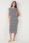 Regular Fit Bisiklet Yaka Çizgili Midi Boy Kadın Elbise 5866105 LACİVERT-BEYAZ