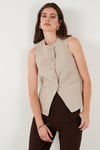 Regular Fit Bisiklet Yaka Kolsuz Düğmeli Basic Bluz Kadın Yelek 65200004 TAŞ