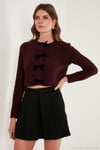 Regular Fit Bisiklet Yaka Kurdele Detaylı Premium Kadın Hırka 680HI00105 BORDO