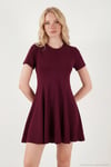 Regular Fit Bisiklet Yaka Pileli Mini Kadın Elbise 5866342 BORDO