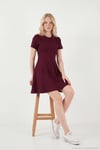 Regular Fit Bisiklet Yaka Pileli Mini Kadın Elbise 5866342 BORDO