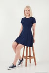 Regular Fit Bisiklet Yaka Pileli Mini Kadın Elbise 5866342 LACİVERT