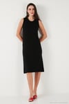 Regular Fit Bisiklet Yaka Yırtmaç Detaylı Basic Midi Kadın Elbise 5866160 SİYAH