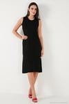 Regular Fit Bisiklet Yaka Yırtmaç Detaylı Basic Midi Kadın Elbise 5866160 SİYAH