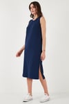 Regular Fit Bisiklet Yaka Yırtmaç Detaylı Basic Midi Kadın Elbise 5866160 LACİVERT