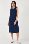 Regular Fit Bisiklet Yaka Yırtmaç Detaylı Basic Midi Kadın Elbise 5866160 LACİVERT