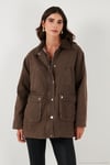 Regular Fit Ceket Yaka Kadife Ekose Astarlı Ceket Kadın Mont 6810330 KAHVE