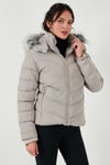 Regular Fit Çıkarılabilir Kapüşonlu Fermuarlı Cepli Şişme Kadın Mont 497DİNA EKRU