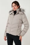 Regular Fit Çıkarılabilir Kapüşonlu Fermuarlı Cepli Şişme Kadın Mont 497DİNA EKRU