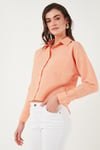 Regular Fit Çizgili Göğüs Cepli Dokulu Kadın Gömlek 6772870 ORANJ