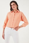 Regular Fit Çizgili Göğüs Cepli Dokulu Kadın Gömlek 6772870 ORANJ