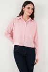 Regular Fit Çizgili Göğüs Cepli Dokulu Kadın Gömlek 6772870 Şeker Pembe