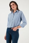 Regular Fit Çizgili Göğüs Cepli Dokulu Kadın Gömlek 6772870 İNDİGO