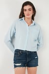 Regular Fit Çizgili Göğüs Cepli Dokulu Kadın Gömlek 6772870 BEBE MAVİ